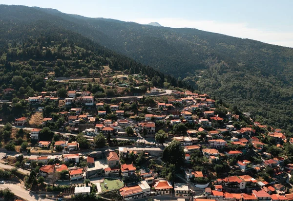 Aerial View Small Greek Village Tymfristos Mountain Curvy Road — Foto de Stock