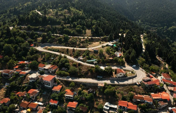 Aerial View Small Greek Village Tymfristos Mountain Curvy Road — Photo