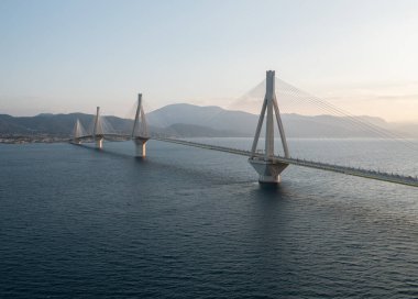 Aerial view of cable bridge of Rio - Antirio during sunrise, 