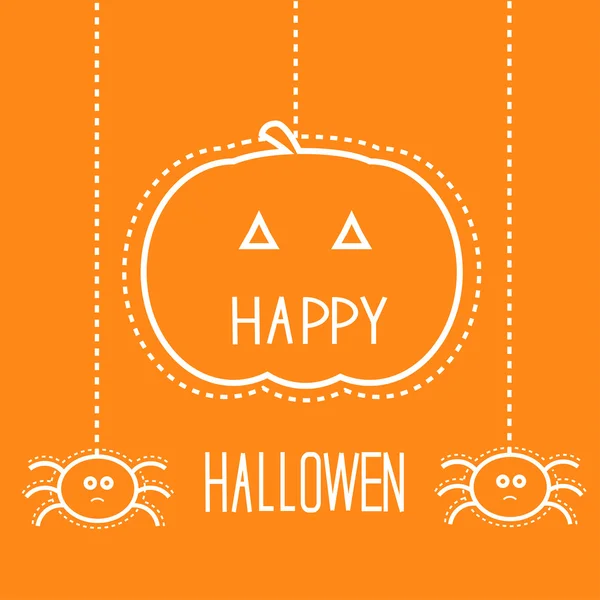 Halloween card with hanging pumpkin and spiders. — Stock Vector