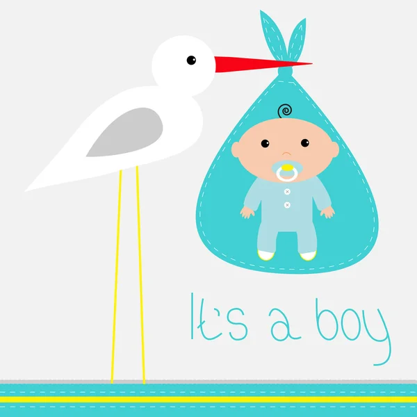 Cartão de banho de bebé com cegonha. É um rapaz. . — Vetor de Stock