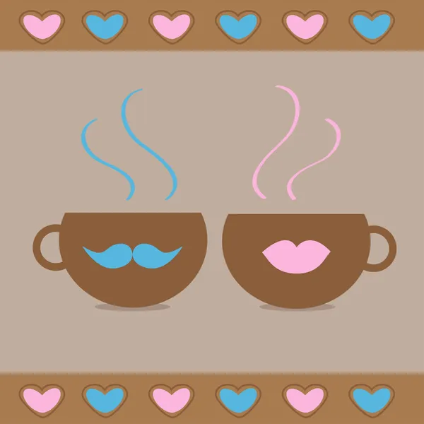 Dos tazas de té con bigote y labios y corazones. tarjeta de amor — Stockvector