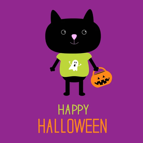 Gato preto com truque de Halloween ou tratar balde de abóbora — Vetor de Stock