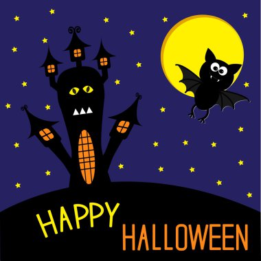 perili ev ve yarasa. yıldızlı gökyüzü ve ay. Mutlu Cadılar Bayramı kartı