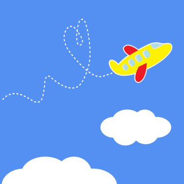 karikatür uçak. Dash kalp gökyüzünde. aşk kartı.