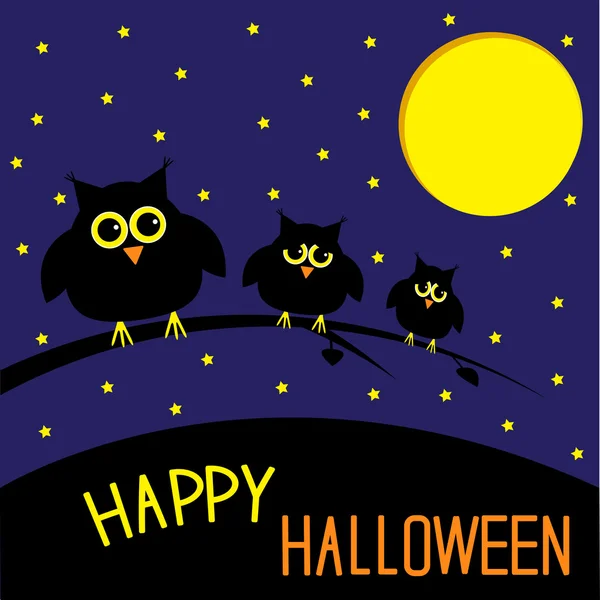 Tres lindos búhos. Noche estrellada y luna. Feliz tarjeta de Halloween . — Vector de stock