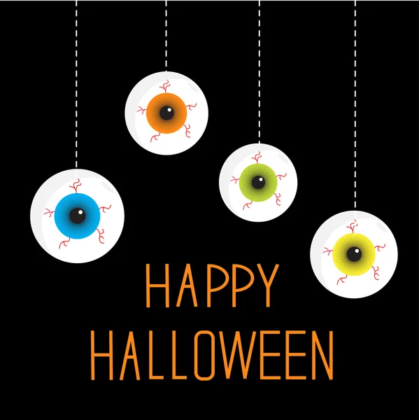 Four hanging eyeballs. Happy Halloween card. — Stock Vector