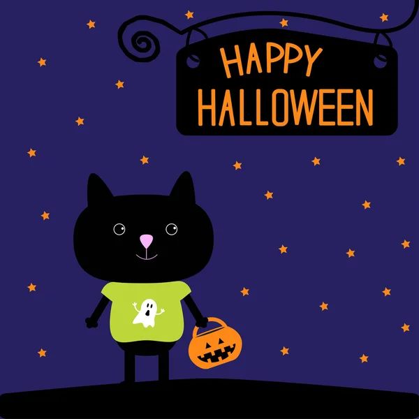 Black cat with Halloween trick or treat pumpkin bucket — Stock Vector