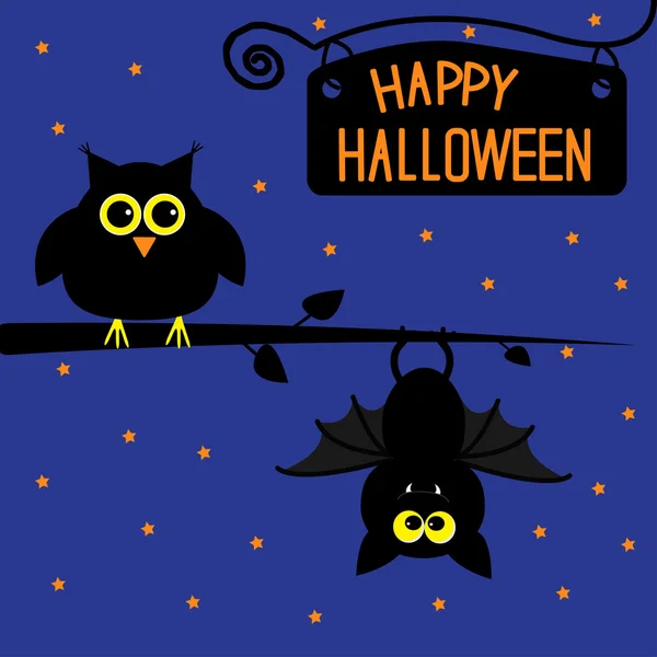Happy Halloween owl and bat card. — Stock Vector