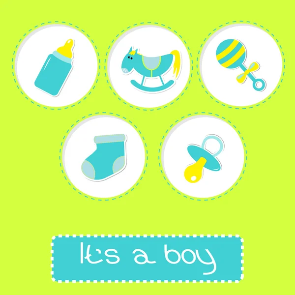 Baby boy sprcha karta s lahví, koně, chrastítko, dudlík a tak — Stockový vektor