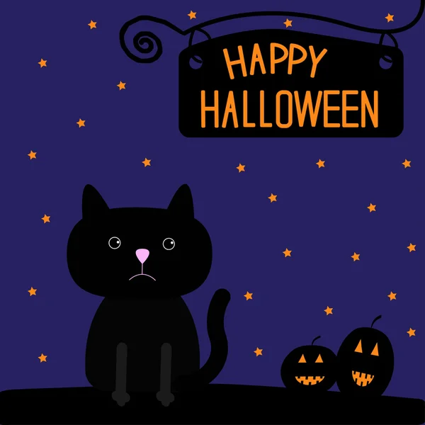 Happy halloween černá kočka a dýně karta. — Stockový vektor