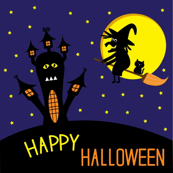 Geisterhaus und fliegende Hexe und Katze. Glückliche Halloween-Karte. — Stockvektor