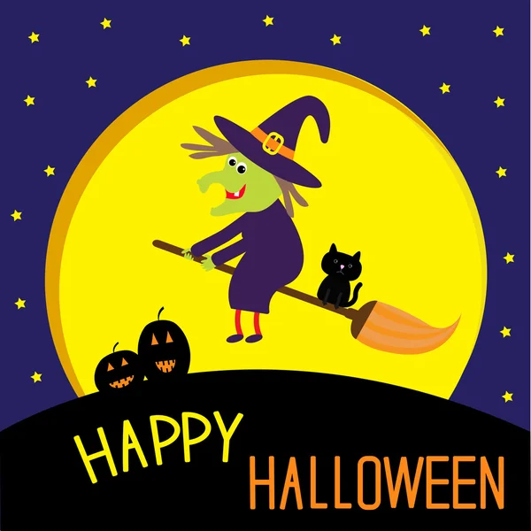 Flying cartoon witch and cat. Big moon. Happy Halloween card. — Wektor stockowy