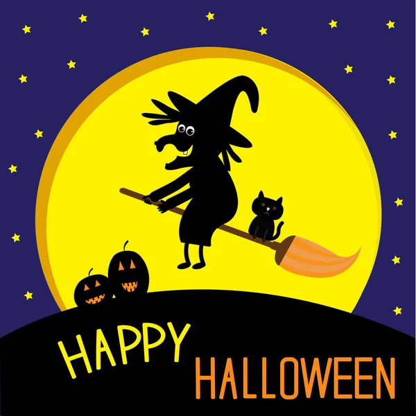 Летающие черная ведьма и кошка. Большая луна. Счастливый Хэллоуин . — стоковый вектор