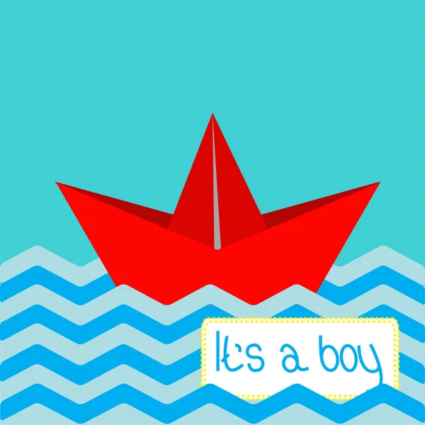 Baby boy zuhany kártya-val piros papír csónak. — Stock Vector