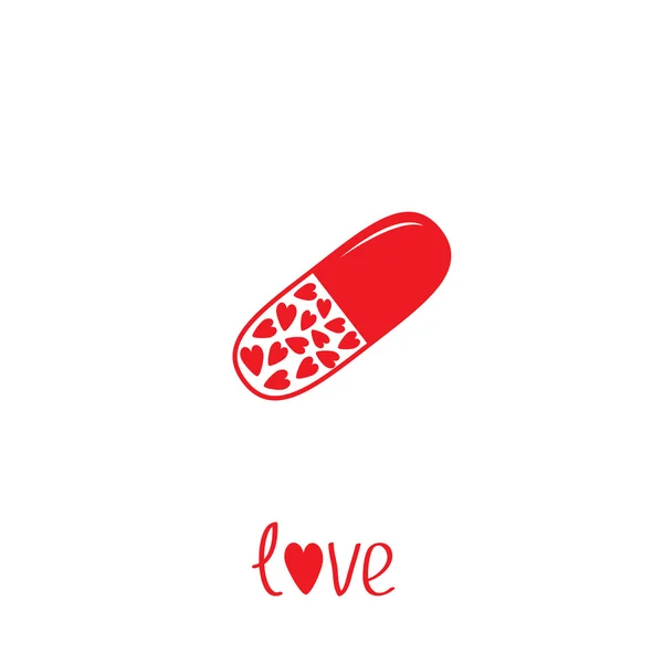 Medical pill with hearts inside. Love card. — Stock Vector