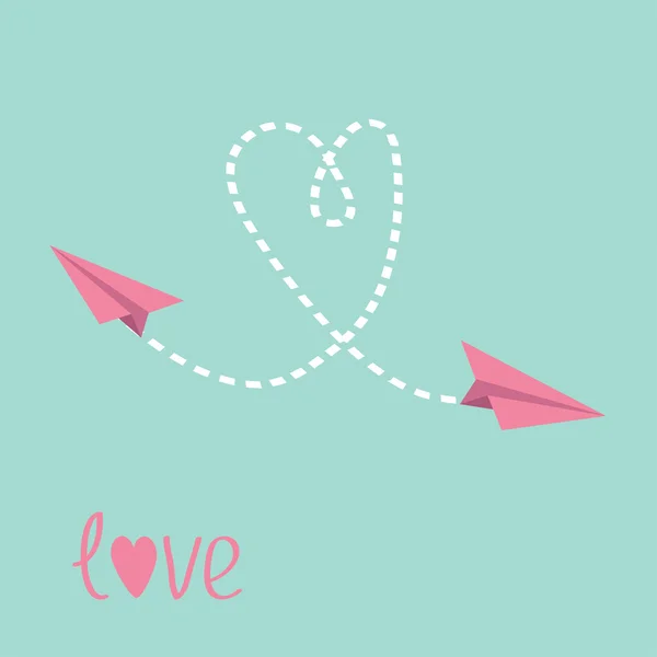 Two flying paper planes. Heart in the sky. Love card. — Stock Vector