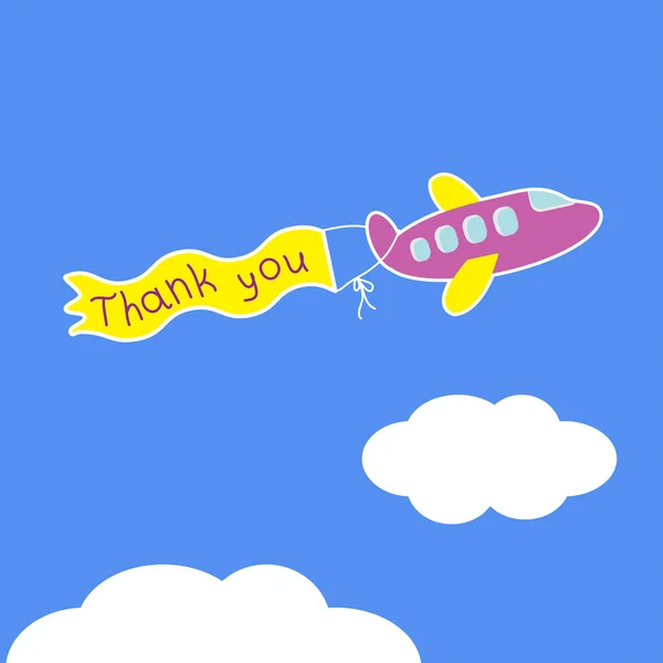 Dessin animé avion violet. Ruban avec des mots Merci. Carte . — Image vectorielle