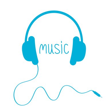 Mavi kulaklık kablosu ve word müzik. izole. kart.