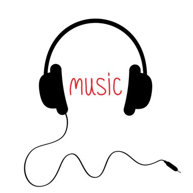 siyah kulaklık kablosu ve kırmızı kelime müzik. kart.