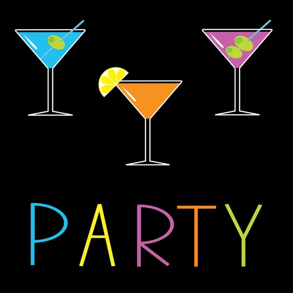 Martini set on black background. Cocktail party card. — Stock Vector