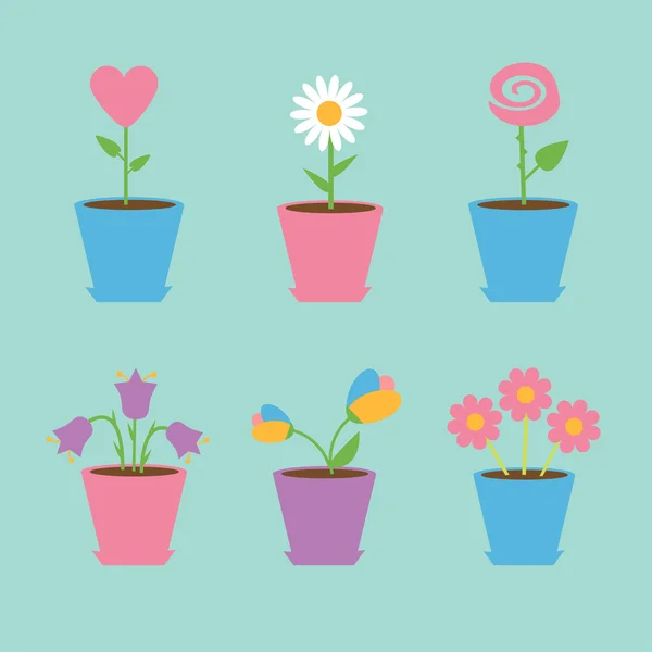 Set of six flowers in pots. Blue background. Card — Stock Vector