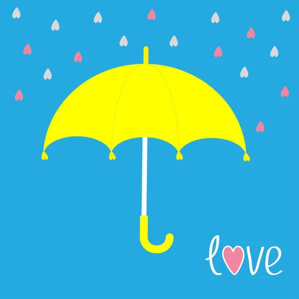 Ombrello giallo. Pioggia a forma di cuore. Carta d'amore . — Vettoriale Stock