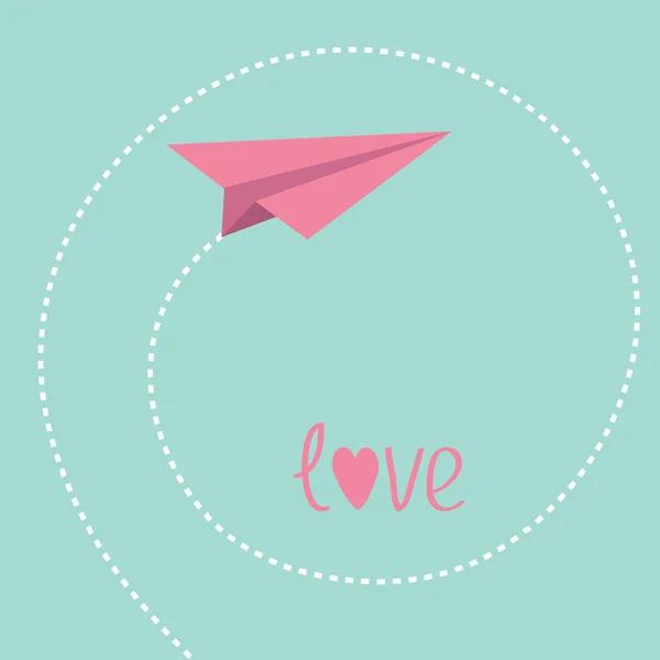 Avião de papel Origami. Espiral de traço no céu. Cartão de amor . — Vetor de Stock