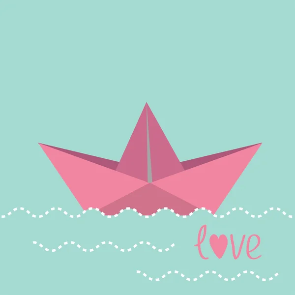 Origami paper boat and waves. Love card. — Stock Vector