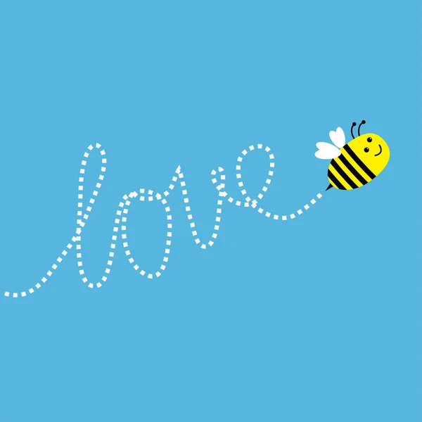 Abeja voladora. Dash word Amor en el cielo. Tarjeta — Vector de stock