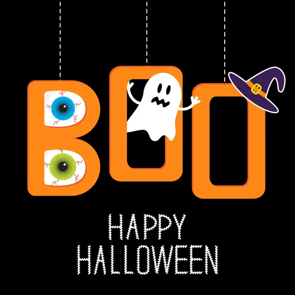 Hanging word BOO with ghost, eyeballs and witch's hat . Happy Ha — Stock Vector