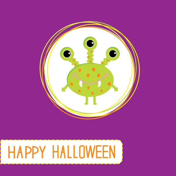 Lindo monstruo verde de dibujos animados. Fondo violeta. Feliz Halloween c — Vector de stock