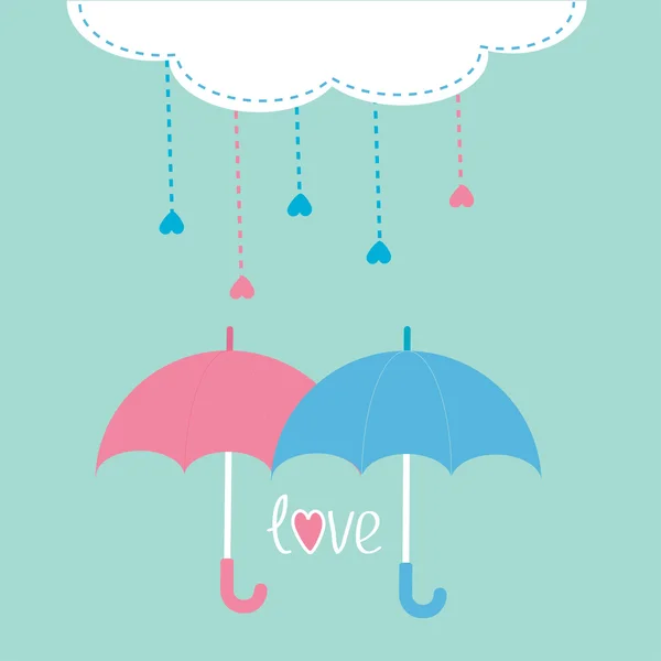 Cloud with hanging rain drops and two umbrellas. Love card. — Stock Vector