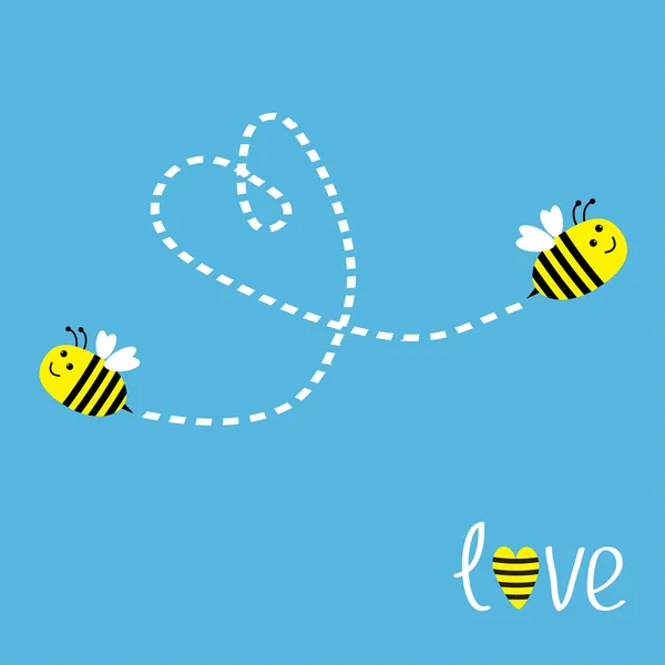 Dos abejas voladoras. Dash corazón en el cielo. Tarjeta — Vector de stock