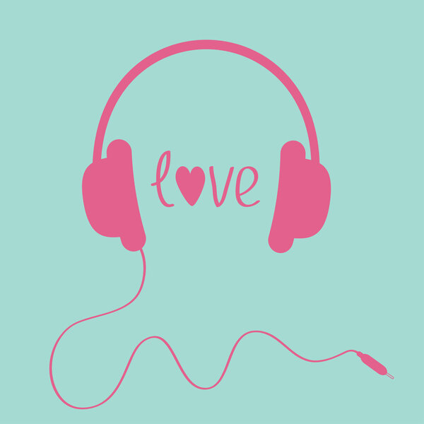 Pink headphones with cord . Love card.
