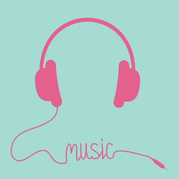 Roze hoofdtelefoon met snoer in vorm van woord muziek. kaart. — Stockvector
