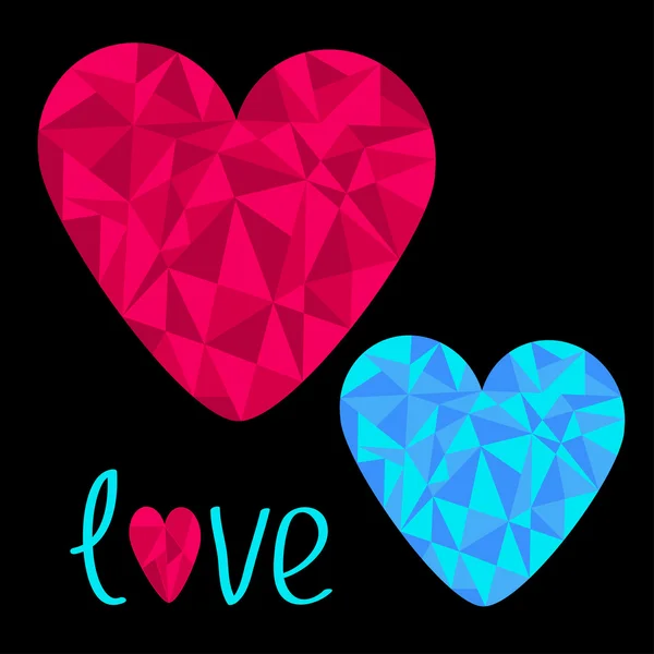 Blue and pink hearts. Polygonal effect. Love card. — Stock Vector