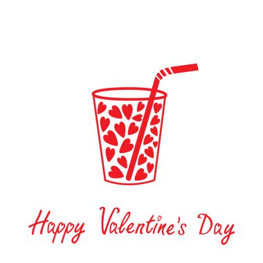 Glass with straw and hearts inside. Happy Valentines Day card. clipart