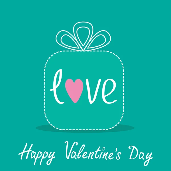 Gift box with word love. Dash line. Flat design. Happy Valentines Day card. — Stock Vector