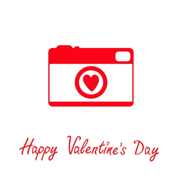 Red and white photo camera with heart. Happy Valentines Day card. — Stock Vector