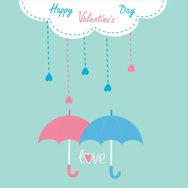 Cloud with hanging rain drops and two umbrellas. Happy Valentines Day card. — Stock Vector