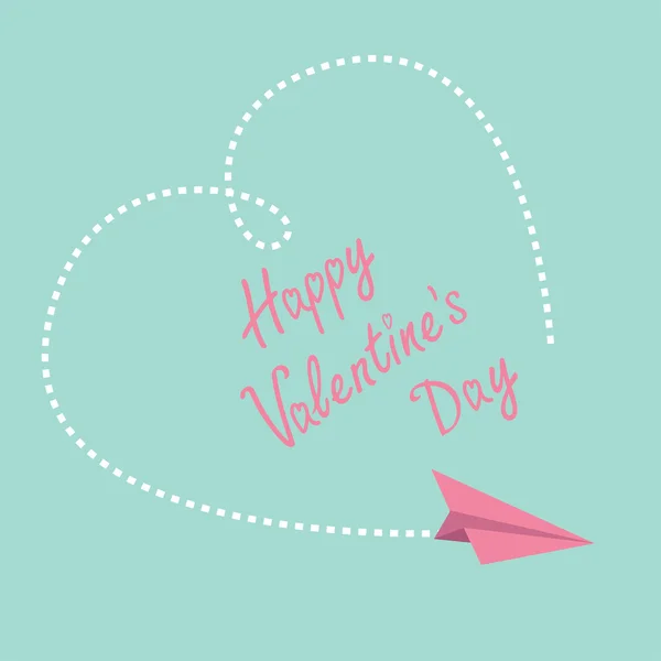 Flying paper plane. Big dash heart in the sky. Happy Valentines Day card. — Stock Vector