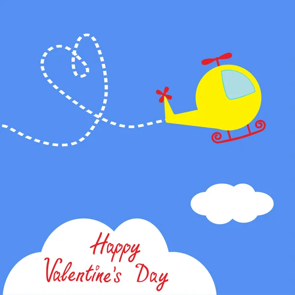 Cartoon-Hubschrauber. Herzschlag in den Himmel. Glückliche Valentinstag-Karte. — Stockvektor