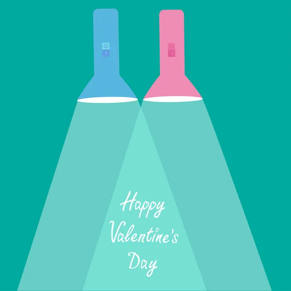 Pink and blue flashlights with rays of light. Flat design. Happy Valentines Day card — Stock Vector