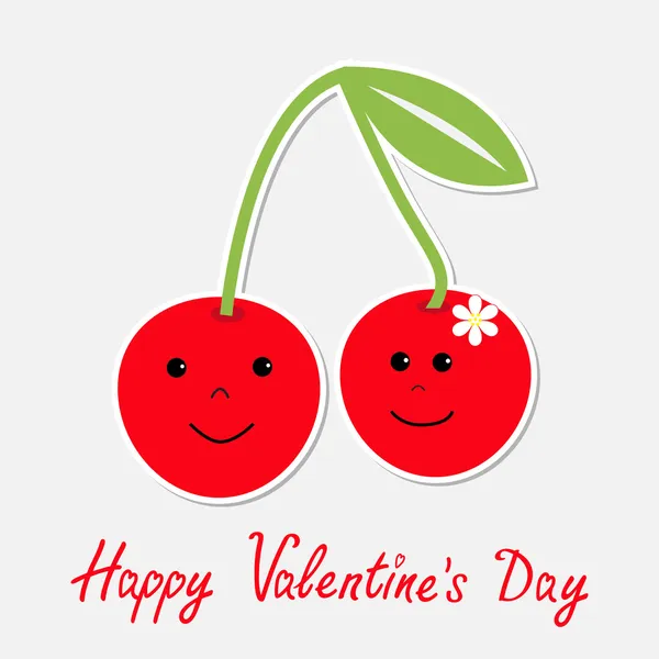 Cute cartoon cherries with happy faces. Happy Valentines Day card — Stock Vector