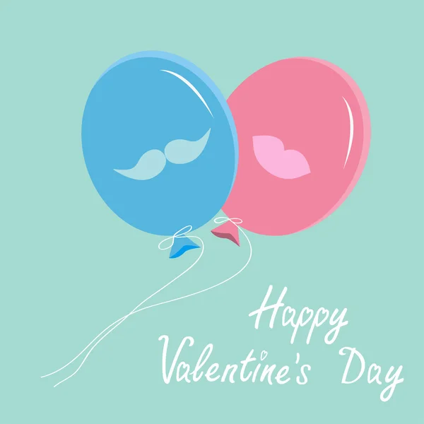 Blue and pink balloons with mustache and lips. Happy Valentines Day — Stock Vector