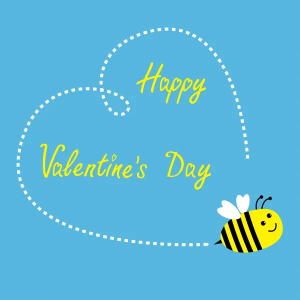 Flying bee. Big dash heart in the sky. Happy Valentines Day card — Stock Vector
