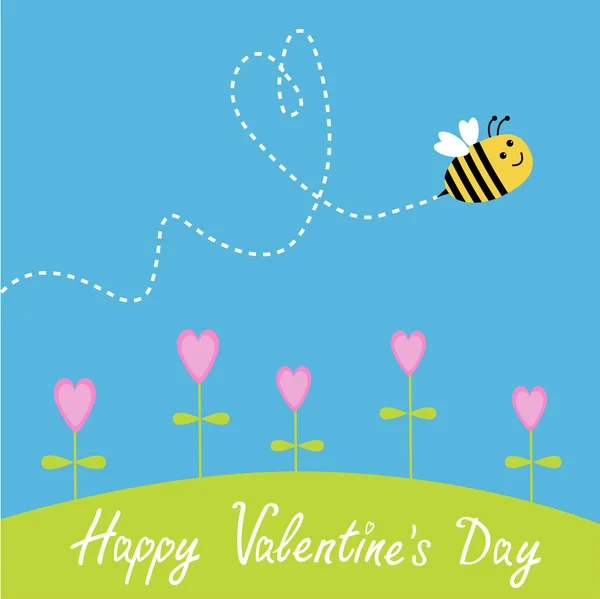 Flying bee. Flowers. Dash heart in the sky. Happy Valentines Day — Stock Vector