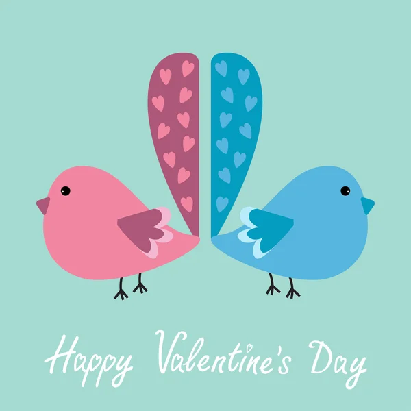 Twee vogels met hart staarten. Happy Valentijnsdag kaart. — Stockvector