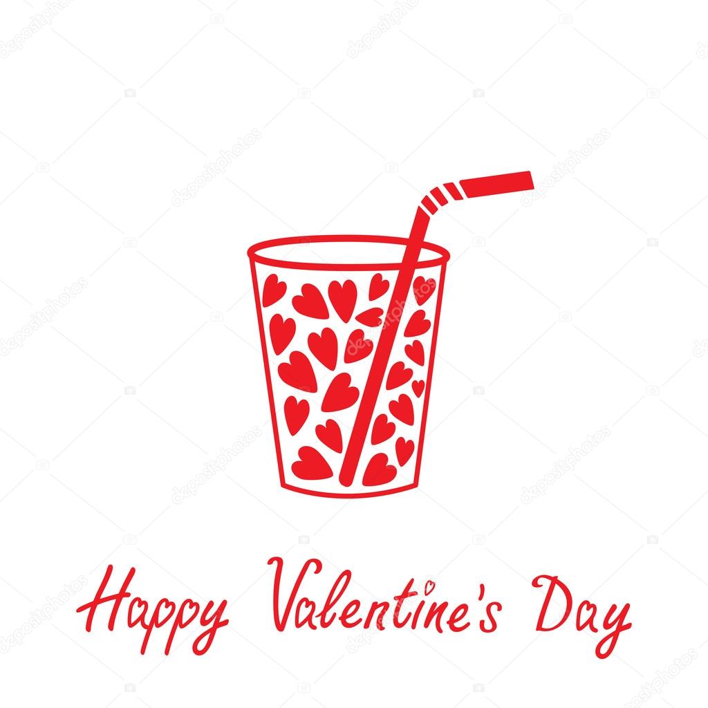 Glass with straw and hearts inside. Happy Valentines Day card.